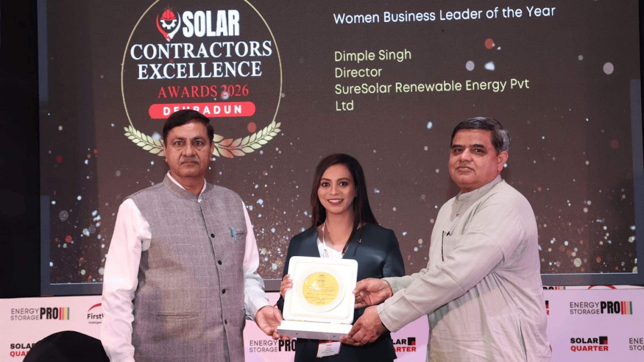 Dimple Singh, Director of SureSolar Renewable Energy Pvt Ltd, Honoured as Women Business Leader of the Year at Solar Contractors Meet Dehradun 2026  