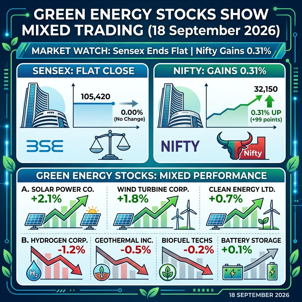 Green Energy Stocks Show Mixed Trading as Sensex Ends Flat and Nifty Gains 0.31% (18 September 2026)
