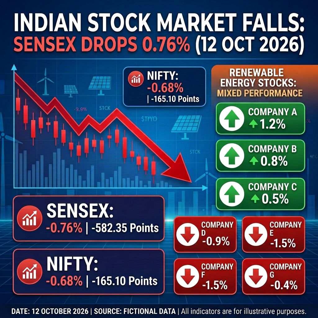 Indian Stock Market Falls as Sensex Drops 0.76%, Renewable Energy Stocks Show Mixed Performance (12 October 2026)