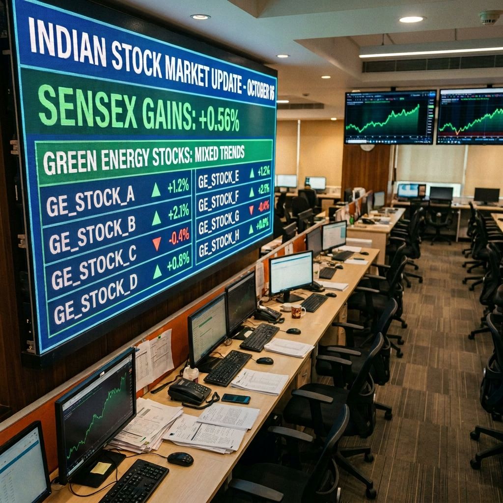 Indian Stock Market Gains on October 16 as Sensex Rises 0.56% and Green Energy Stocks Show Mixed Trends